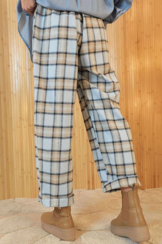 Rhona Plaid Brushed Cotton Kick Pant Blue